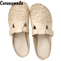 careaymade summer new womens flat bottomed retro shoes with baotou half weave slippers on the outside soft sole lazy shoes