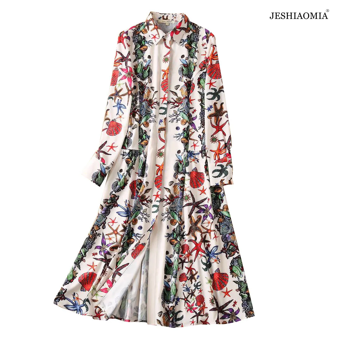 

JESHIAOMIA- 2021 Autumn Spread Collar Print Long Sleeve Midi Dress