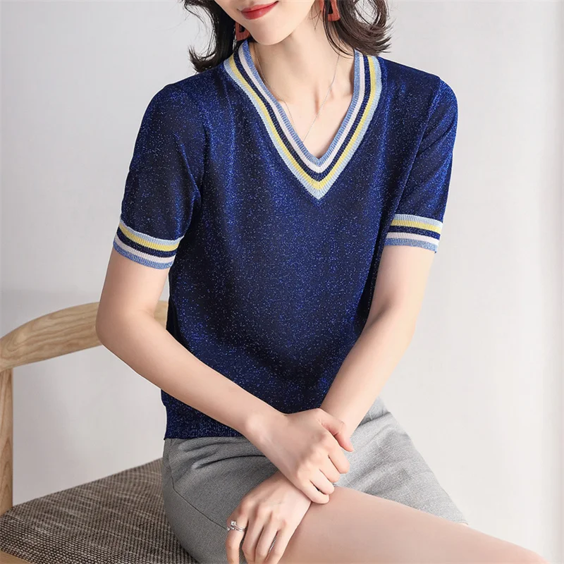 

Модная тонкая трикотажная футболка контрастных цветов с V-образным вырезом, Женская яркая шелковая Трикотажная футболка с коротким рукавом...