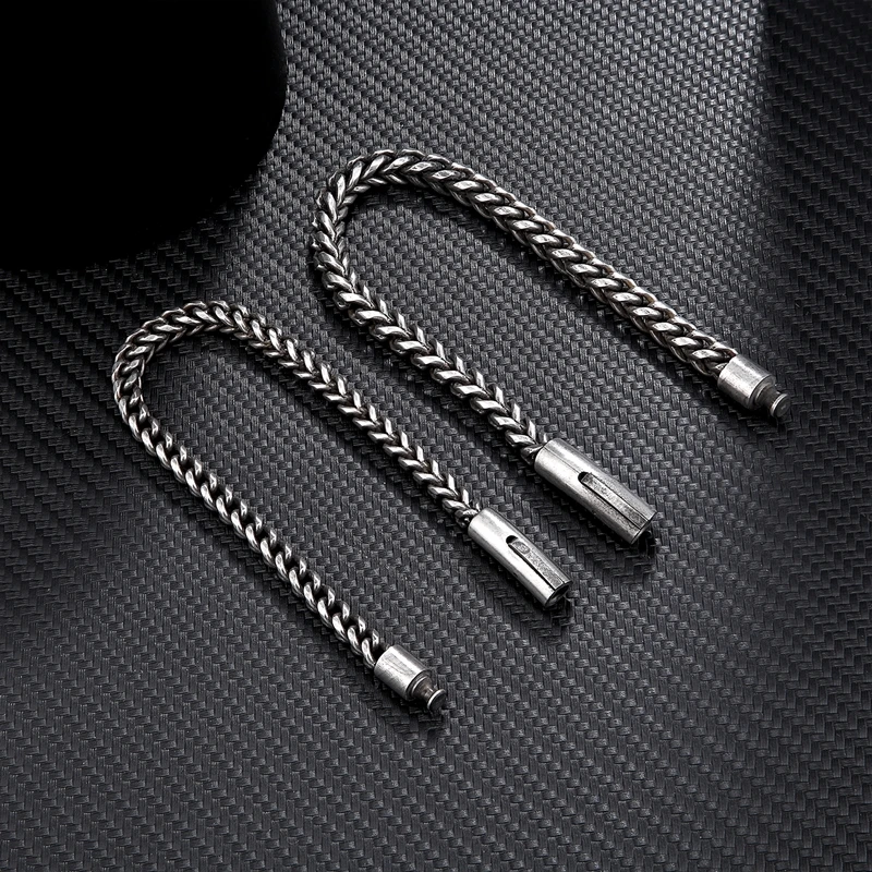 

MKENDN Vintage Oxidized Cool Curb Chain Bracelets for Men Stainless Steel Punk Rock Antique Cubic Foxtail Chain Male Pulseira