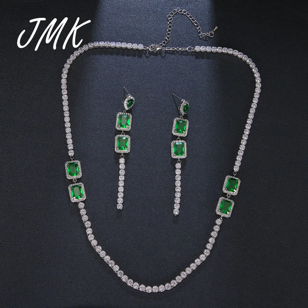 

JMK Luxury Emerald Gemstone Jewelry Sets Charm AAA Zircon Silver Dangle Earrrings Necklace Sets For Women Bridal Wedding Gift