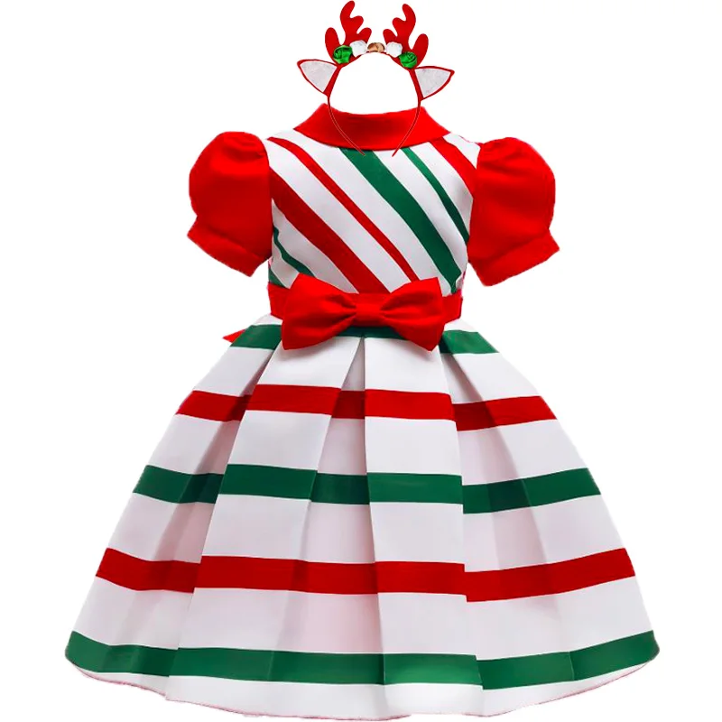 

Baby Girls Christmas Striped Princess Party Dresses With Bow Children Kids Summer Autumn Elegant Wedding Vestidos Clothing 4 6 8