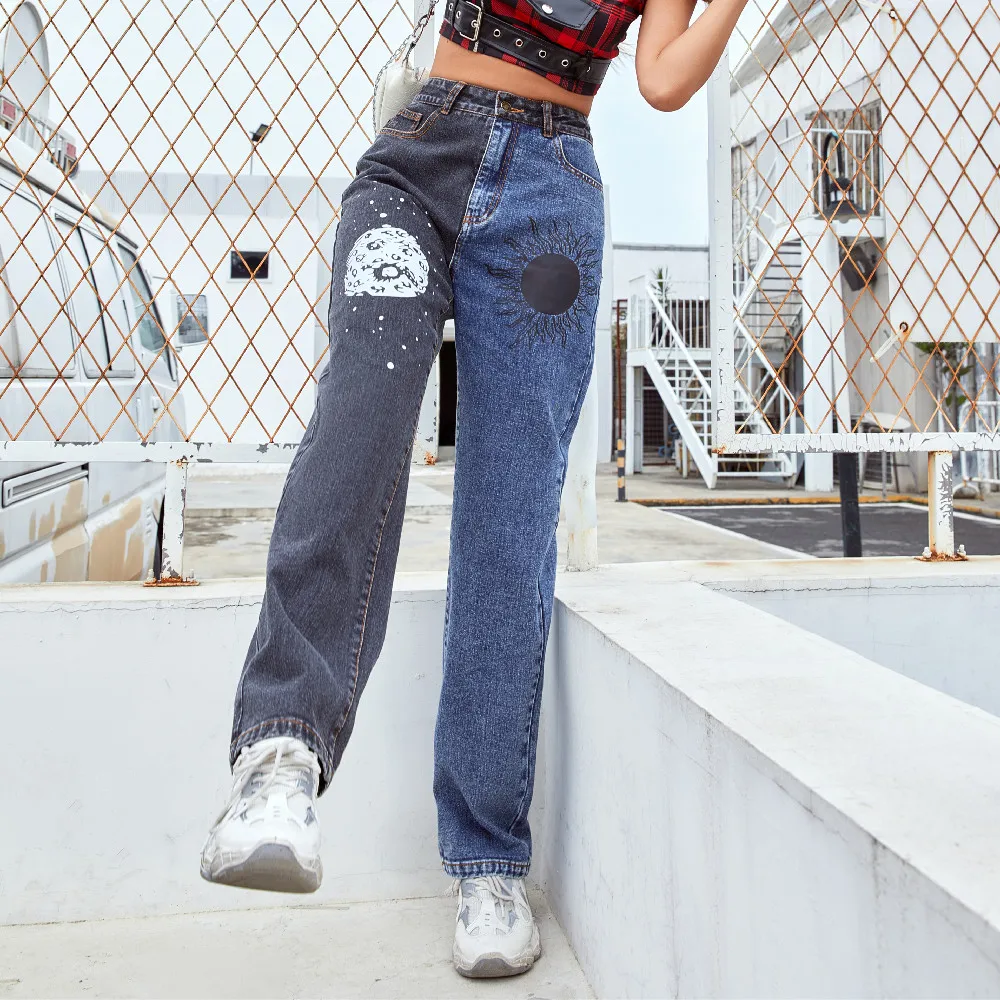 

Color Block Jeans High Waist Straight-leg Fashion Pattern Printing Vintage Style Wild Casual Female Streetwear Trousers