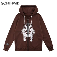 streetwear zip up hoodie jacket hip hop zipper hooded sweatshirt 2021 harajuku skeleton print cotton autumn jacket black blue