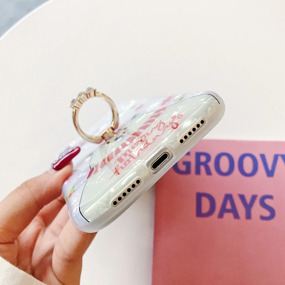 Marble Christmas Phone Case For iPhone 11 Pro X XR XS Bear Elk Cover With Finger Ring 7 8 Plus Stand |