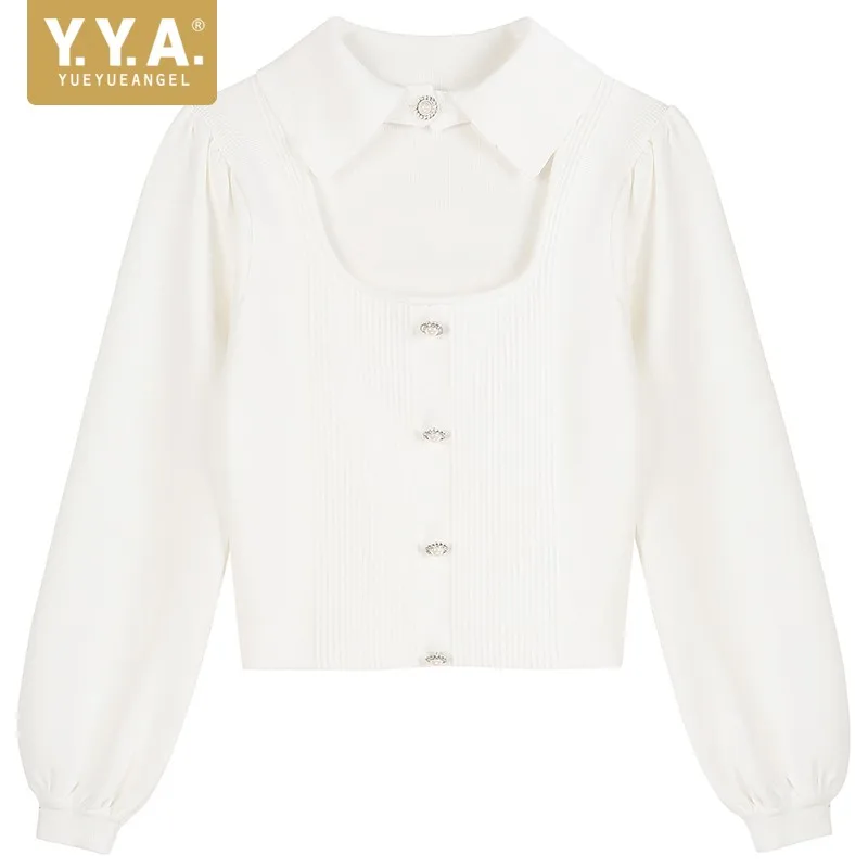 

New Womens Hollow Out Design Turn-Down Collar Single Breasted Korean Style Elegant Fashion Pullover Straight Knitted Shirt