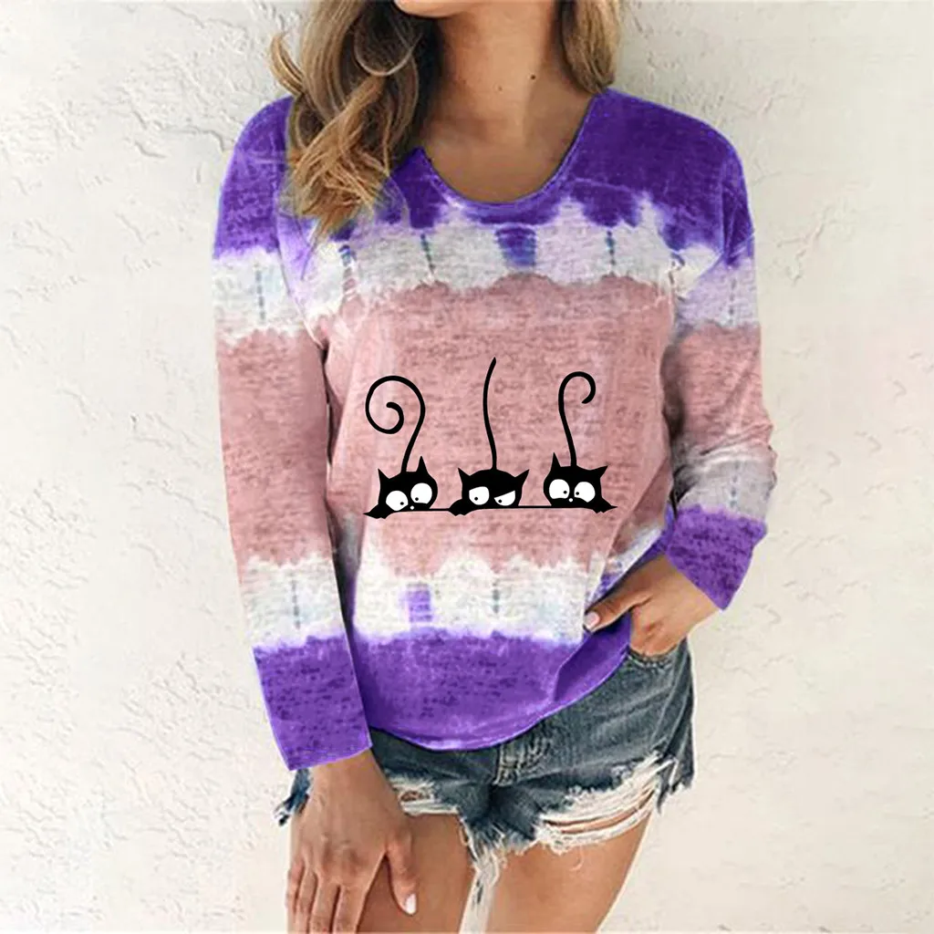 

Plus Size Fashion Cat Print Blouse Shirt O-Neck Tops Tee Casual Autumn Winter Top Ladies Female Women Long Sleeve Blusa Pullover