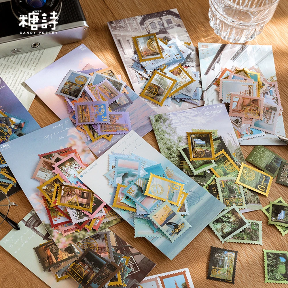 

40 Pcs/set Gold Foil Stamp Stickers World Travel Series Retro Scrapbooks Decorative Sticker DIY Collage Stationery Sticker