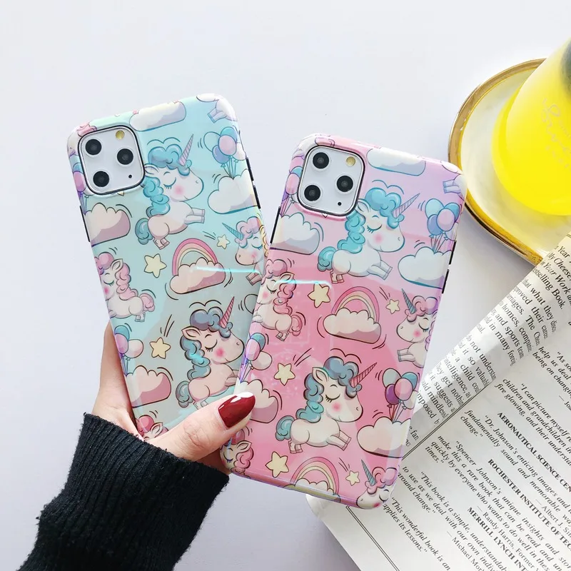 Роскошный чехол с единорогом Blue Ray для iPhone 12 11 Pro Max Mini XS XR X 7 8 6 6S Plus Aurora IMD милый со
