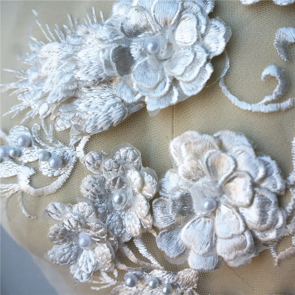 Вышитый белый цветок кружевной ткани с бусинами Аппликации отделка воротника
