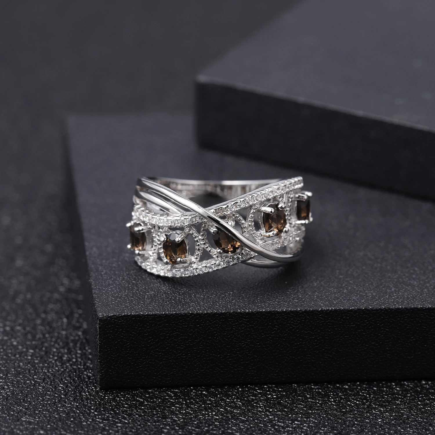 GEM'S BALLET, 0.84Ct, натуральный дымчатый кварц, драгоценный камень, кольца, 925 пробы, серебро, разделенная полоса, вихревое кольцо на палец для женщин, хорошее ювелирное изделие