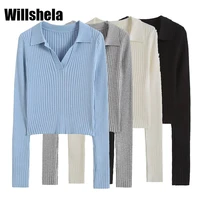 willshela women fashion cable knit cropped top with polo collar long sleeves chic lady woman casual elastic short knitwear