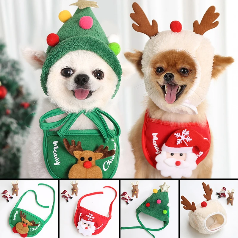

Christmas Dog Cat Hat Bib Decorative Pet Plush Wearing Festival Xmas Pet Supplies Accessories for Small Medium Breed uacr Dog