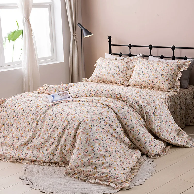 

Pure cotton Korean pastoral style floral princess ruffles skirt-style bedding set ropa de cama couvre lit duvet cover set