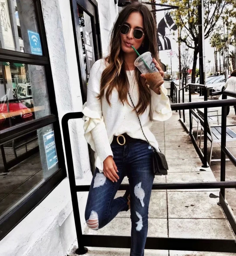 Женский свободный длинный свитер с оборками модный вязаный большого размера