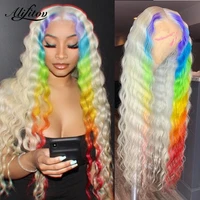 alifitov rainbow color lace frontal wig deep wave human hair wig transparent lace wigs with baby hair for women