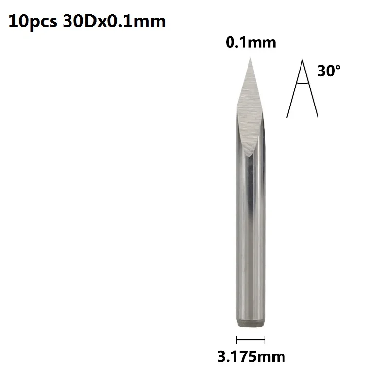 30Dx0.1mm 10 шт. 3,175 мм хвостовик 3 край гравирования печатных плат с алмазным напылением для 20 Вт, 30 Вт/40/45/60/90 градусов наконечник 0,1 0,2 0,3 мм пирамиды фрезерный станок с ЧПУ Бит 3D фрезерный станок - Длина режущей кромки: 30Dx0.1mm