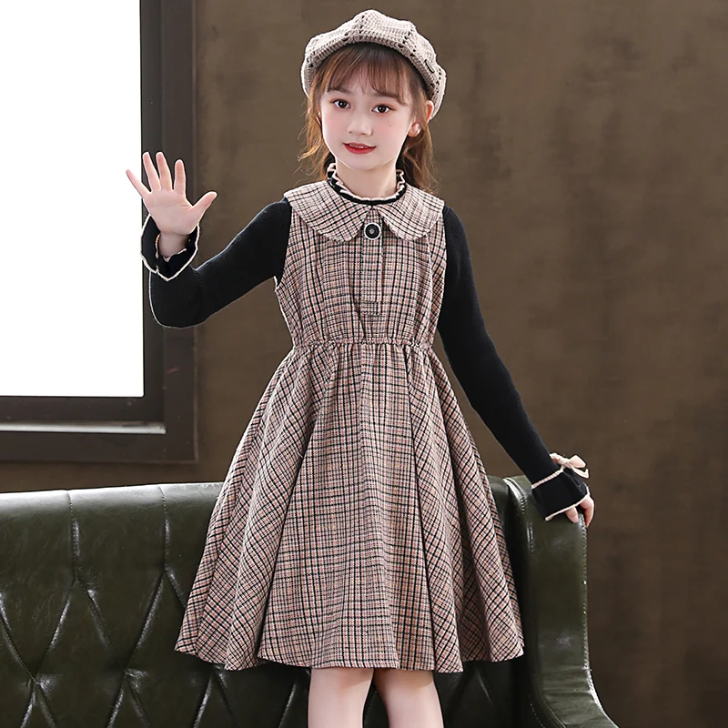 

2 pieces Dress Set for Girls Winter Sweater and Dress Thicken Plaid Sleeveless Vestidos Princess Skirt for Girls Set