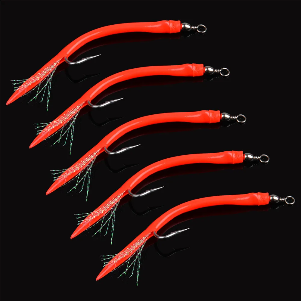 Description Picture 6 of item6Pcs Long shank Fishing hooks striped Bass fishing lure Sand Eel offset hook Luminous Silicone Tube Flash Cod Teaser bait rigs
