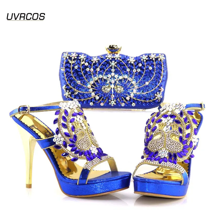 

2021 Latest Blue Color African Shoes With Matching Bags For Wedding Italian design Style Women Wedding Shoes And Handbag Set