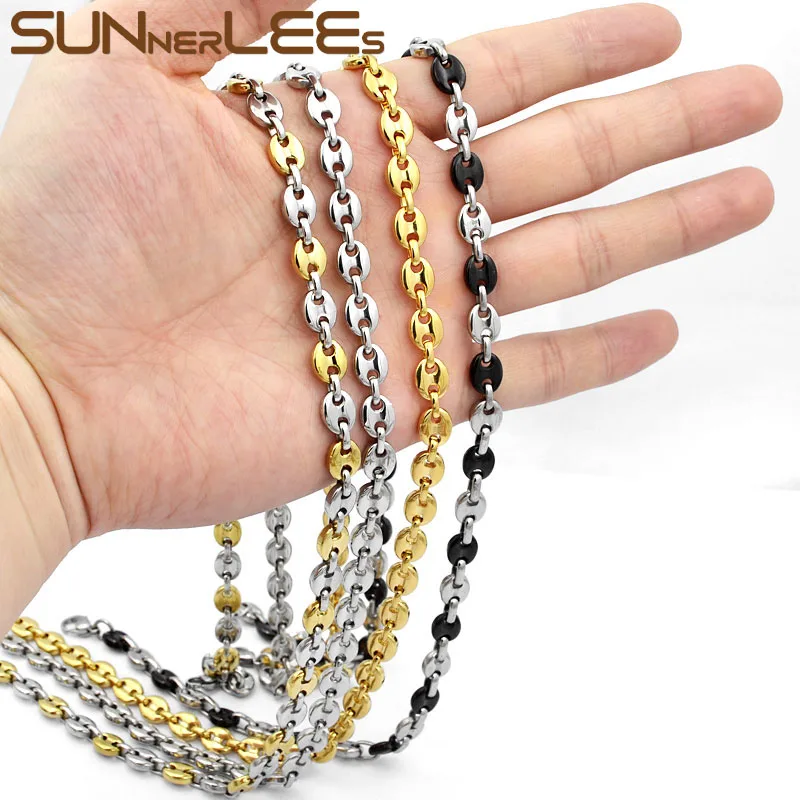 

SUNNERLEES 316L Stainless Steel Necklace 5~11mm Coffee Beans Link Chain Gold Black Silver Color Men Women Jewelry Gift SC13