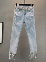 blue jeans female 2020 summer new slim slimming elastic heavy crystal tassel pants high waist jeans street style mom jeans