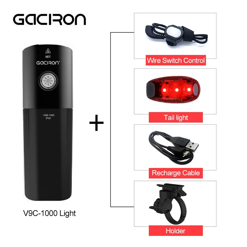 GACIRON Pro велосипедный светильник велосипед светодиодный головной светильник Мощность банк IPX6 Водонепроницаемый MTB дорожный Велоспорт вспышки света светильник светодиодный светильник с хвостом светильник набор - Цвет: 1000 Lumens Black
