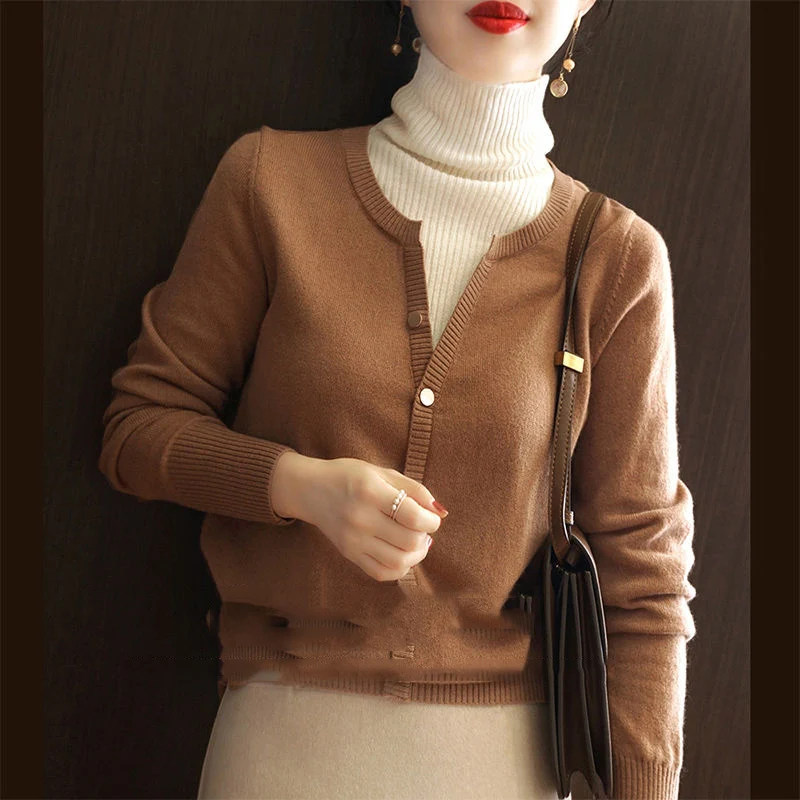 

2022 Spring Autumn Spliced Knited Pullover Sweater Women Turtleneck Single Breasted Sweater Ladies Sweater Coat