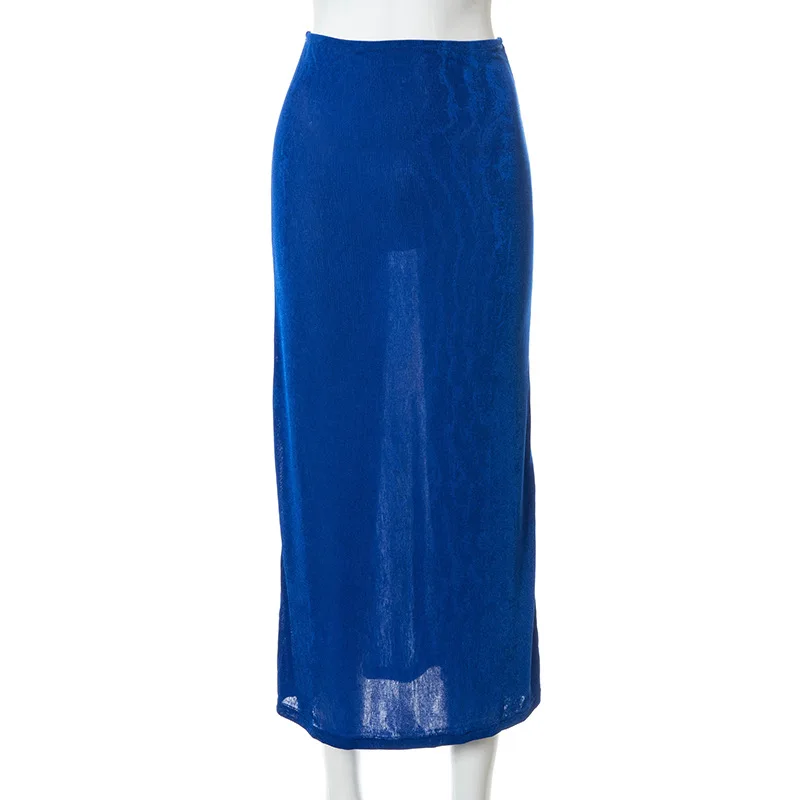 Summer Fashion Streetwear  Y2K Vintage Bodycon Midi Skirt High Waist Skinny Women Caual Blue Green Elegant Lady Pencil Skirts images - 6
