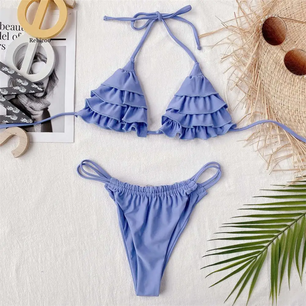 

2021 New Sexy Ruffled Halter Bikini Women Swimwear Female Swimsuit Two-pieces Bikini set Bather Bathing Suit Swim Lady