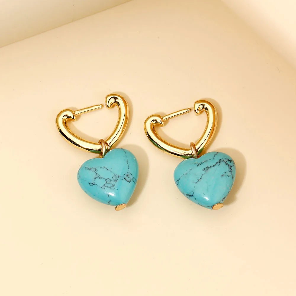 

Bohemian Natural Stone Love Heart Earrings For Women Vintage Gold Circle Blue Stone Dangle Drop Earrings Jewelry Gift