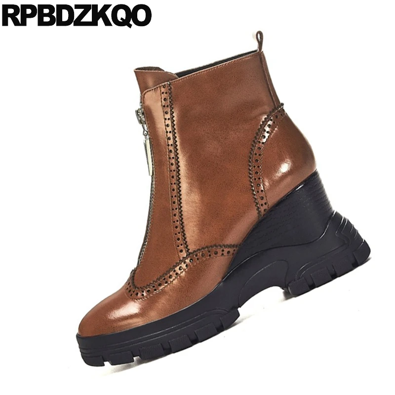 Женские ботильоны на платформе коричневые полусапожки высоком каблуке с круглым