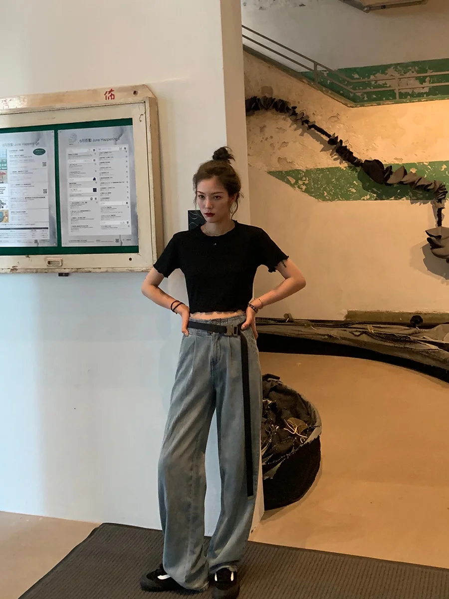 

Light Blue Pants Washed Wide Waist Double Soft Straight Jeans Resurrection