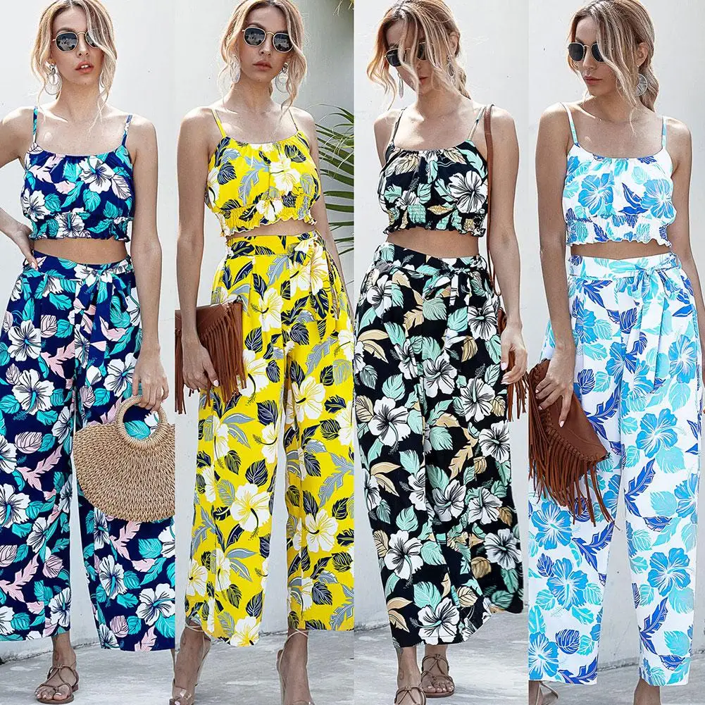 

Women Fashion Camisole Crop Top Wide Leg Pants Floral Print Two Piece Set Outfit