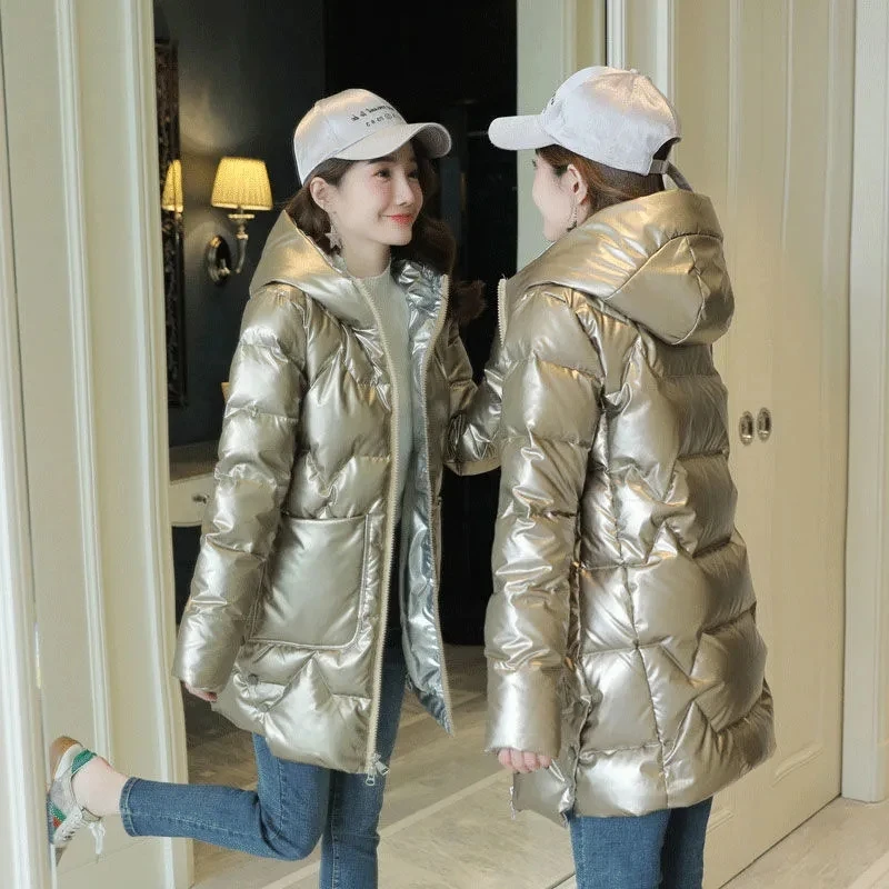 Winter Bright Face Down Padded Coat Women Mid-length Section 2021 Winter New Korean Style Slim Padded Padded Jacket Commute DW10
