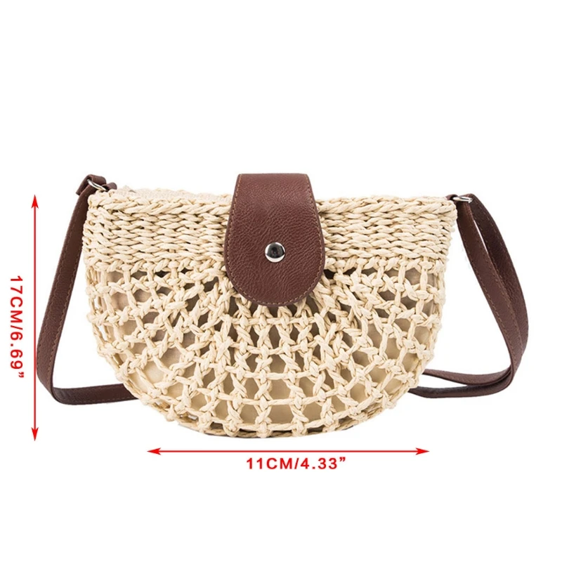 

J60D Women Woven Straw Crossbody Bag Faux Leather Strap Semicircle Shoulder Handbag