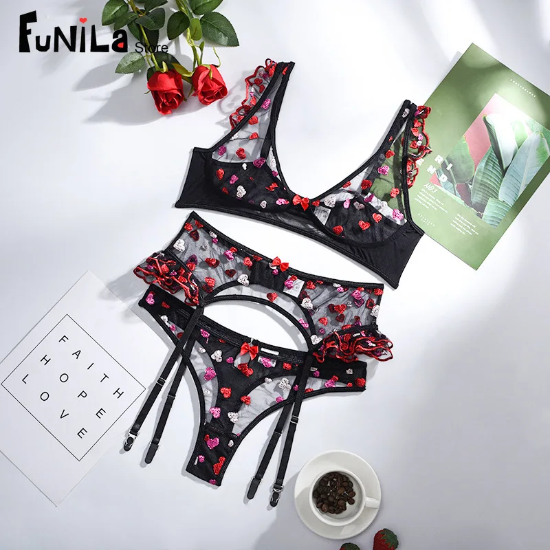 

Женское Сетчатое нижнее белье, сексуальная ночная сорочка, кружевной прозрачный бюстгальтер без косточек, трусики с поясом с подвязками, ко...