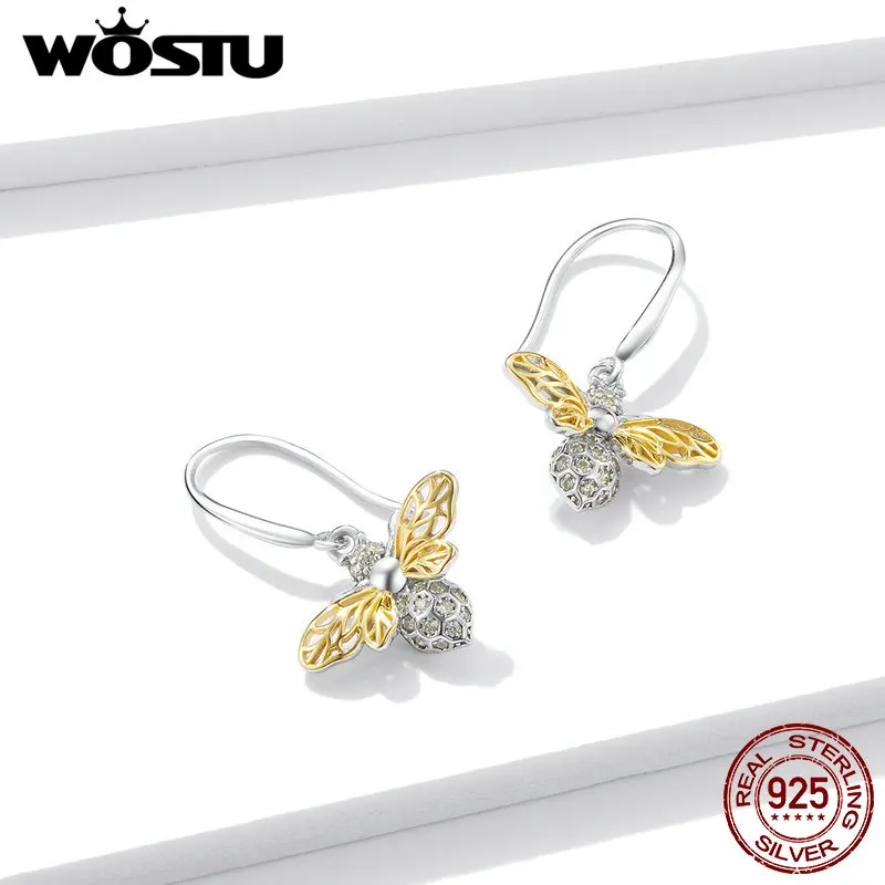 WOSTU Bee Drop Earrings 925 Sterling Silver Shiny Zircon Hollow Design Dangle For Women Orginal Jewelry CTE452 | Украшения и