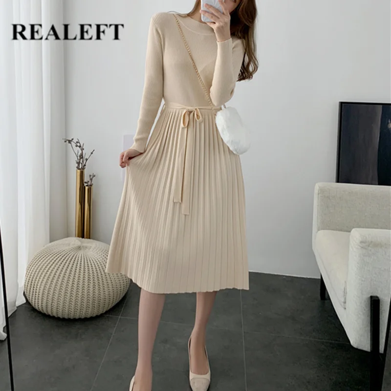 REALEFT женское платье свитер миди с поясом круглым вырезом и длинным рукавом