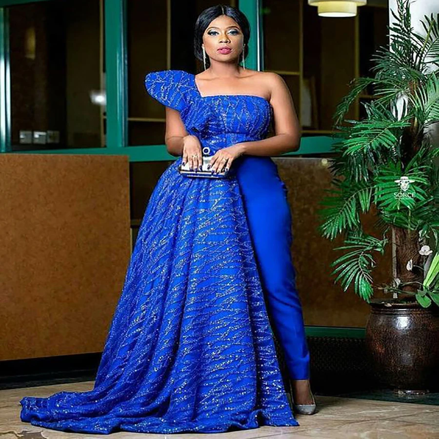 

Luxury Royal Blue African Evening Dress With Pant Elegant Dubai Arabic Formal Prom Dresses With Train Overskirt One Shoulder