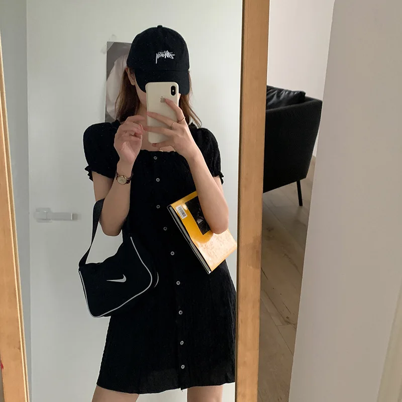 

2020 Summer New Pattern Square Neck Collarbone Pleated Dress Women's Korean French Self Cultivation Medium Long Dress