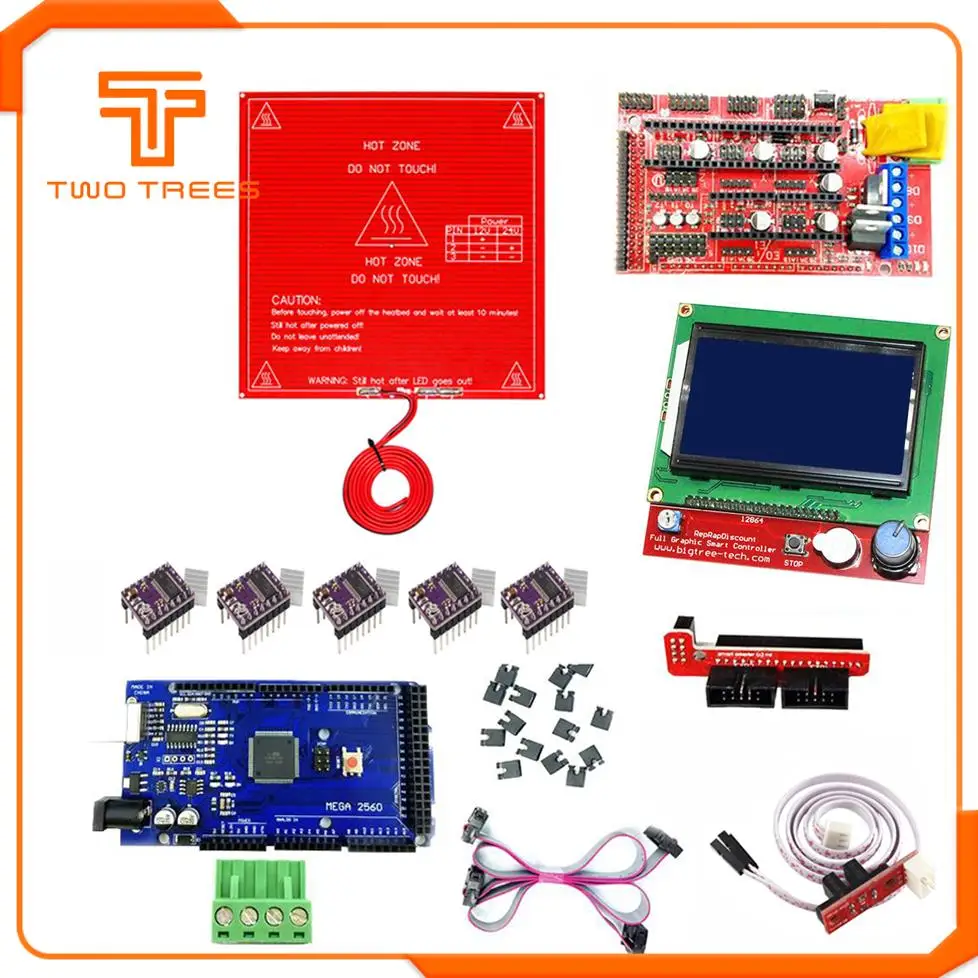 Детали 3D-принтера Reprap Ramps 1,4 комплект с Mega 2560 R3+ Heatbed MK2B+ 12864 ЖК-контроллер+ A4988 Драйвер+ концы+ кабели