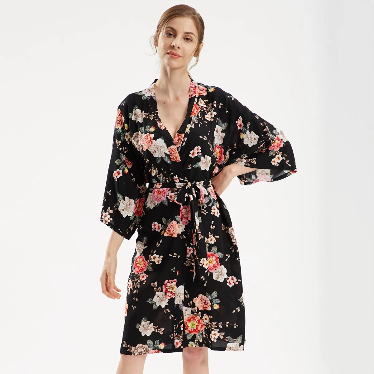Халат женский с цветочным принтом мягкая Хлопковая пижама пикантная черная