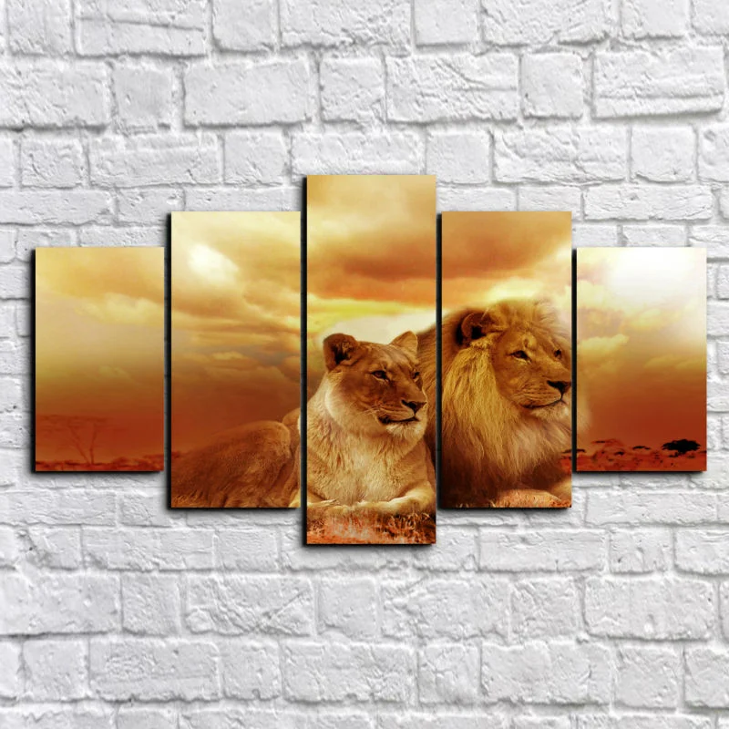 Wall Art Холст Картина 5 Панель животных Львы закат пейзаж HD с модульные абстрактные
