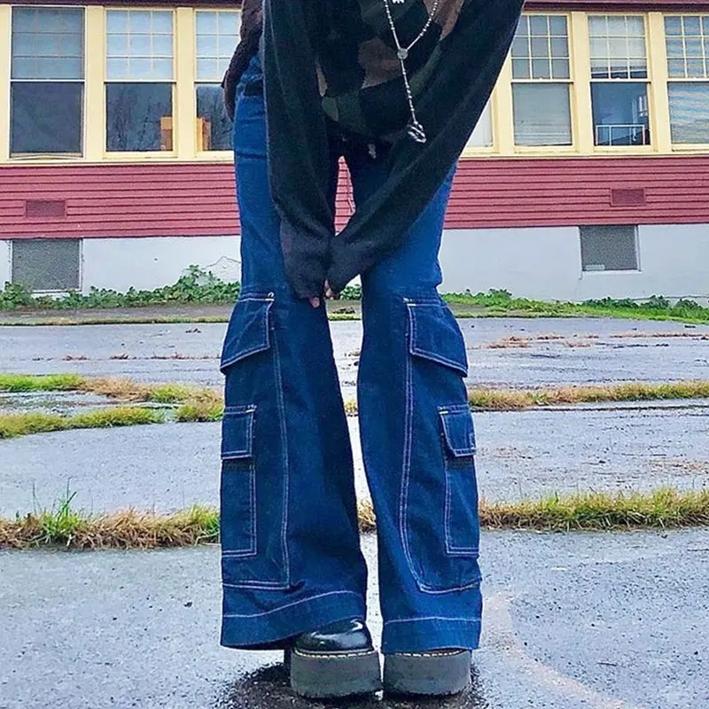 

2021 Skater Style Indie Boyfriend Baggy Pants Y2k Streetwear Teen Fashion 90s Jeans Pockets Wide Legs High Waist Trousers