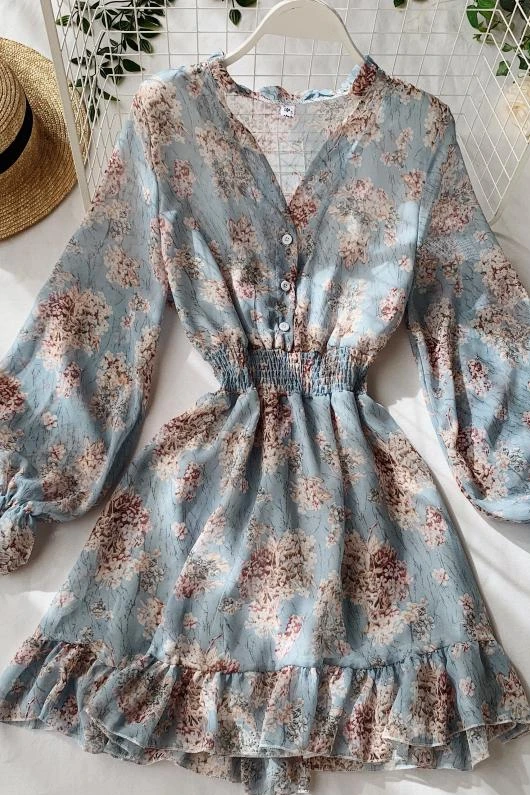 

V-neck long-sleeved chiffon floral dresses new fashion women's French dress female temperament