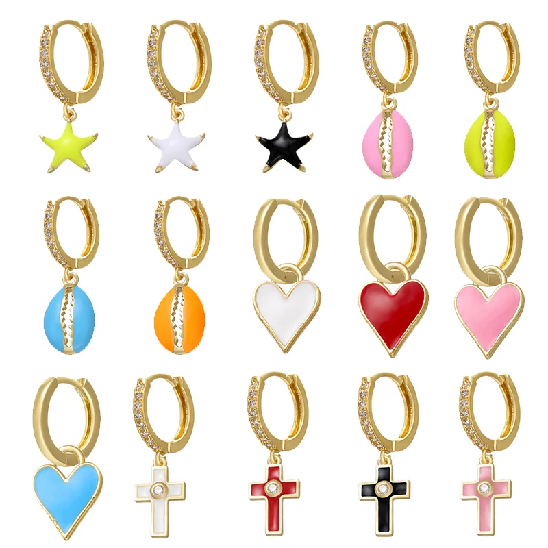 ZHUKOU-pendientes de aro pequeños para mujer, aretes de estrella de mar y Cruz, color dorado,