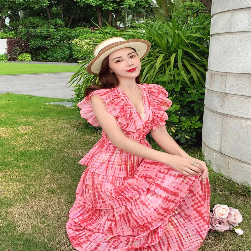 

Luxury Designer Summer Long Dress 2021 New Lotus Leaf Short Sleeve Women's Sexy Backless Cake Holiday Dress