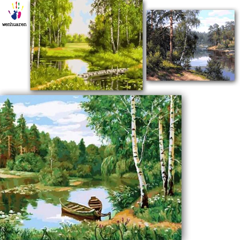 DIY картинки для раскраски по номерам с цветами картина лесным пейзажем в рамке