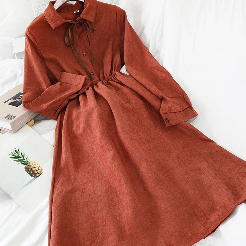 Spring Women Kawaii Solid High Waist A-Line Knee-Length Dress Casual Korean Bow Turn-Down Collar Long Sleeve Vestidos | Женская одежда